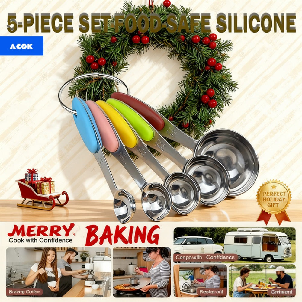 Measuring Cups and Spoons Set 10-Piece Stainless Steel with Silicone Handle – Precise Baking & Cooking Measurement Tools | Dishwasher Safe | Christmas Kitchen Gift