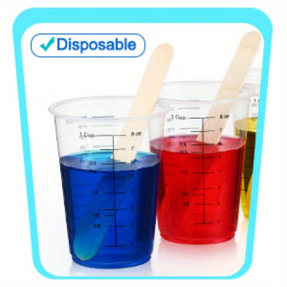 Plastic Measuring Cups with Wooden Sticks 100 Sets Clear Graduated Mixing Cups oz/ml/cc for Resin, Cooking, Baking & Epoxy – Disposable Paint Mixing Cups
