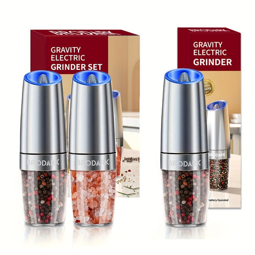 Electric Salt and Pepper Grinder Set Battery Powered Gravity Sensor | One-Hand Automatic Operation LED Light | Adjustable Coarseness Mill Shaker | Kitchen Gadget Gift Idea in Black & Silver
