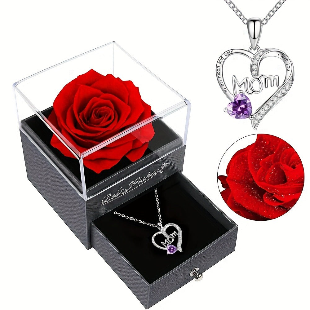Preserved Real Rose Gift Box with I Love You in 100 Languages Necklace – Romantic Gifts for Girlfriend Wife Mom – Valentine's Day Birthday Mother's Day Christmas Gift Idea for Women