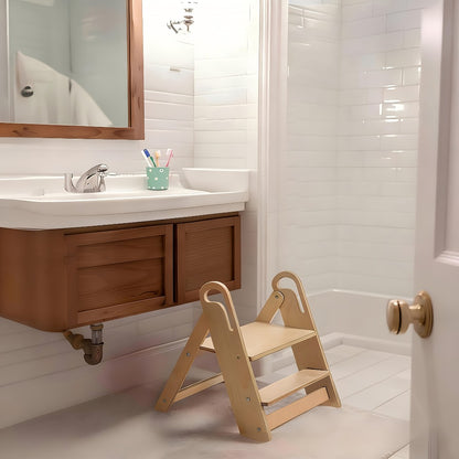 Foldable Step Stool Non-Slip Double-Tier with Handle Portable Toilet Training Stool for Bathroom Kitchen Bedroom Countertop Sink Kids Adults Natural Wood Finish Sturdy Step Ladder