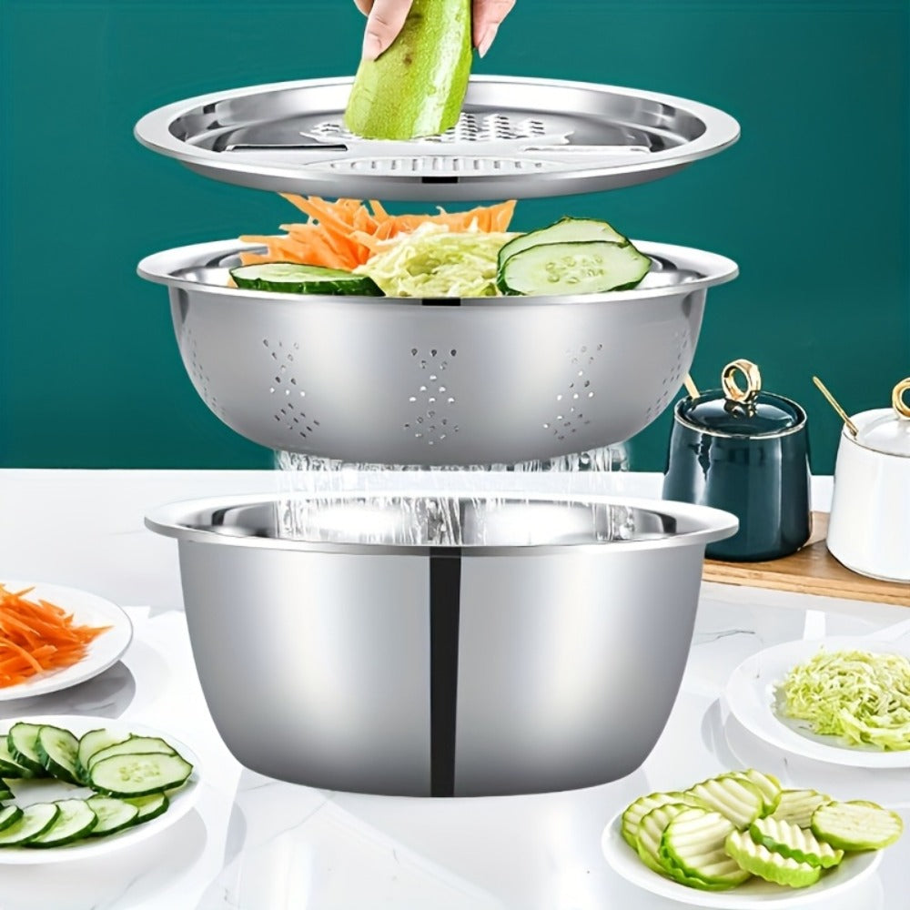 Stainless Steel Kitchen Tool Set 3pcs – Built-In Grinder, Colander Filter & Mixing Bowl for Washing, Slicing & Draining Fruits, Vegetables & Cheese, Food-Safe Drainage System