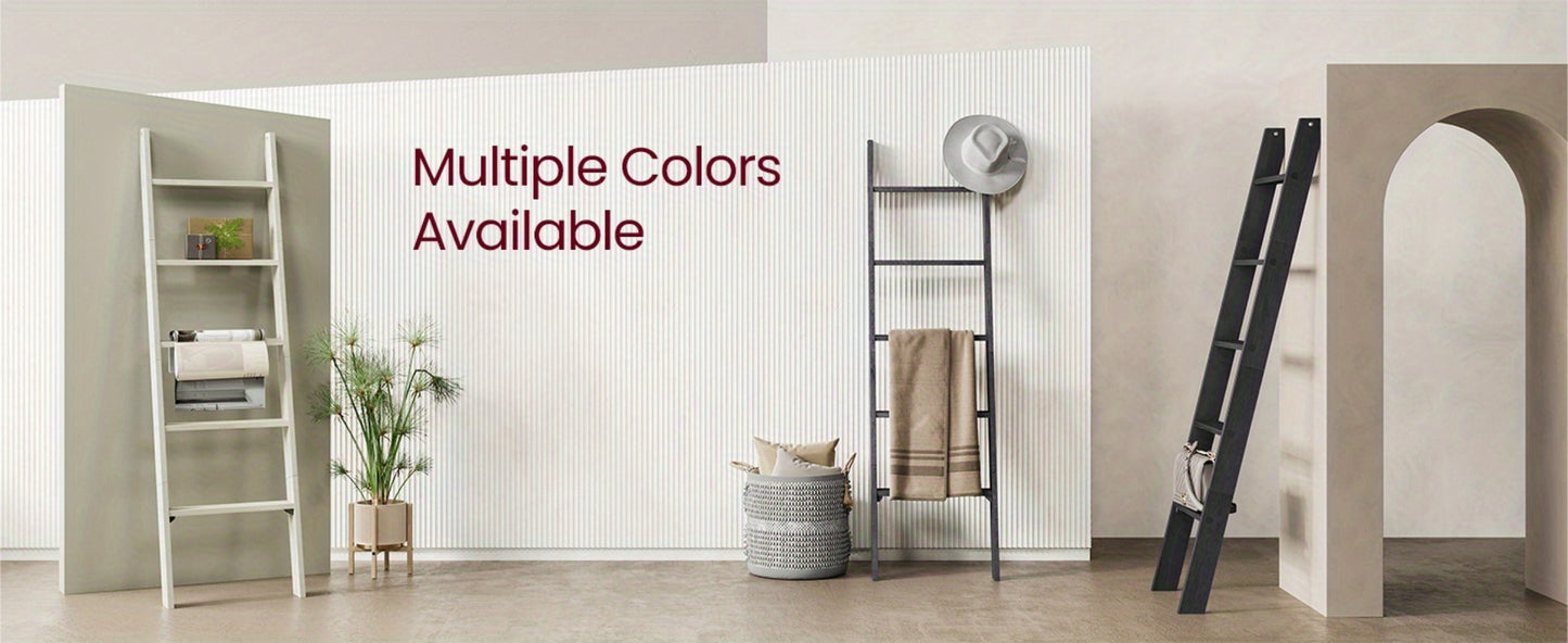 Blanket Ladder Shelf 5-Tier Freestanding Wood Ladder Rack for Blankets Towels Books Decor, Modern Farmhouse Ladder Shelf Wall Leaning Storage Organizer for Living Room Bedroom, 4 Colors