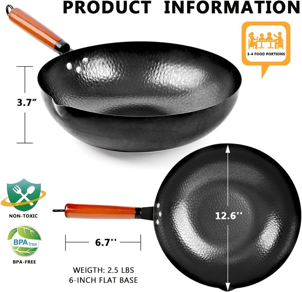 Carbon Steel Wok Set with Lid & Accessories – 14-Piece Non-Stick Stir Fry Pan 12.6" for Gas Electric Induction All Stoves | Wok Pan with Spatula Brush Ring Utensils Kitchen Cooking Set