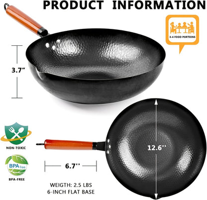 Carbon Steel Wok Set with Lid & Accessories – 14-Piece Non-Stick Stir Fry Pan 12.6" for Gas Electric Induction All Stoves | Wok Pan with Spatula Brush Ring Utensils Kitchen Cooking Set