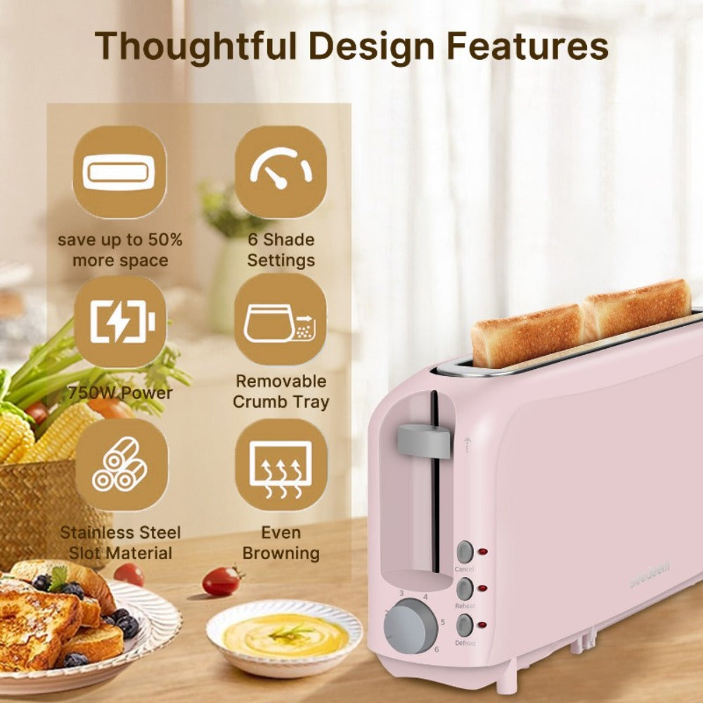 2-Slice Toaster – 6 Shade Settings, Cancel, Reheat & Defrost Functions, Removable Crumb Tray, 750W Compact Design for Bread, Waffles & Bagels, Available in Red, White, Black, Yellow, Pink & Blue