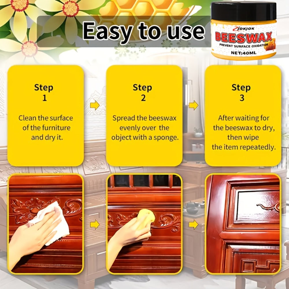 Beeswax Wood Polish – Liquid Furniture Wax for Floors, Desks & Cabinets, Non-Toxic Long-Lasting Gloss, Multi-Surface Wood Restorer with Sponge