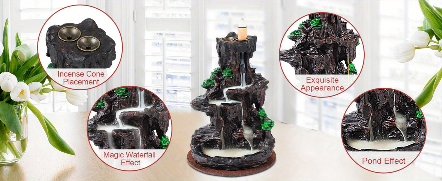 Backflow Incense Burner Waterfall Smoke Effect 2-Side Incense Holder with 120 Backflow Cones 30 Incense Sticks Aromatherapy Ornament for Home Decor Meditation Yoga Relaxation Stress Relief