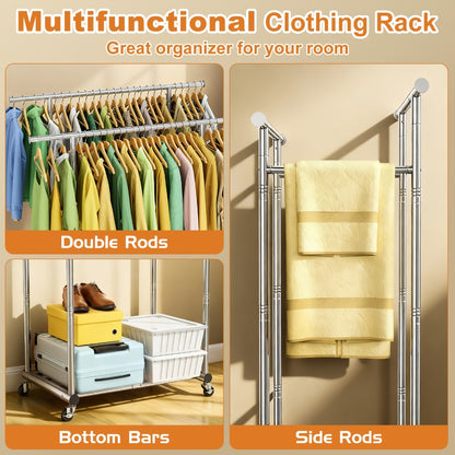 Portable Clothes Rack with Wheels – Heavy Duty Double Rod Garment Rack with Shelves & Hooks | Metal Rolling Clothing Rack for Hanging Clothes | Multi-Functional Closet Rack for Bedroom & Laundry Room