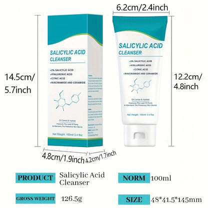 Salicylic Acid Facial Cleanser Gel – Deep Cleansing & Moisturizing with Hyaluronic Acid, Non-Comedogenic, Paraben-Free, Fresh Scent, for All Skin Types, Men & Women, Daily Face Wash