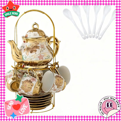 20-Piece Floral Ceramic Tea Set with Saucers & Metal Stand | European Afternoon Tea Service, Blooming Design, Complete Tea Accessories, Gift for Tea Lovers