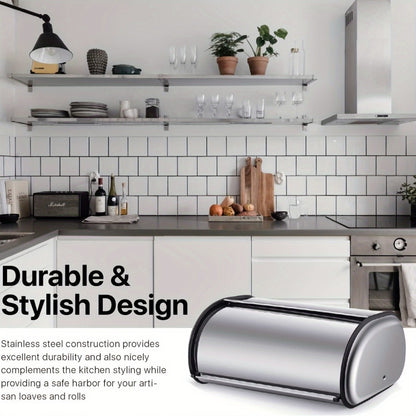Stainless Steel Roll Top Bread Box 13 Inch - Countertop Bread Storage Container with Lid, Keeps Bread Fresh & Insect-Free, Holds Large Loaves, Bagels, Muffins