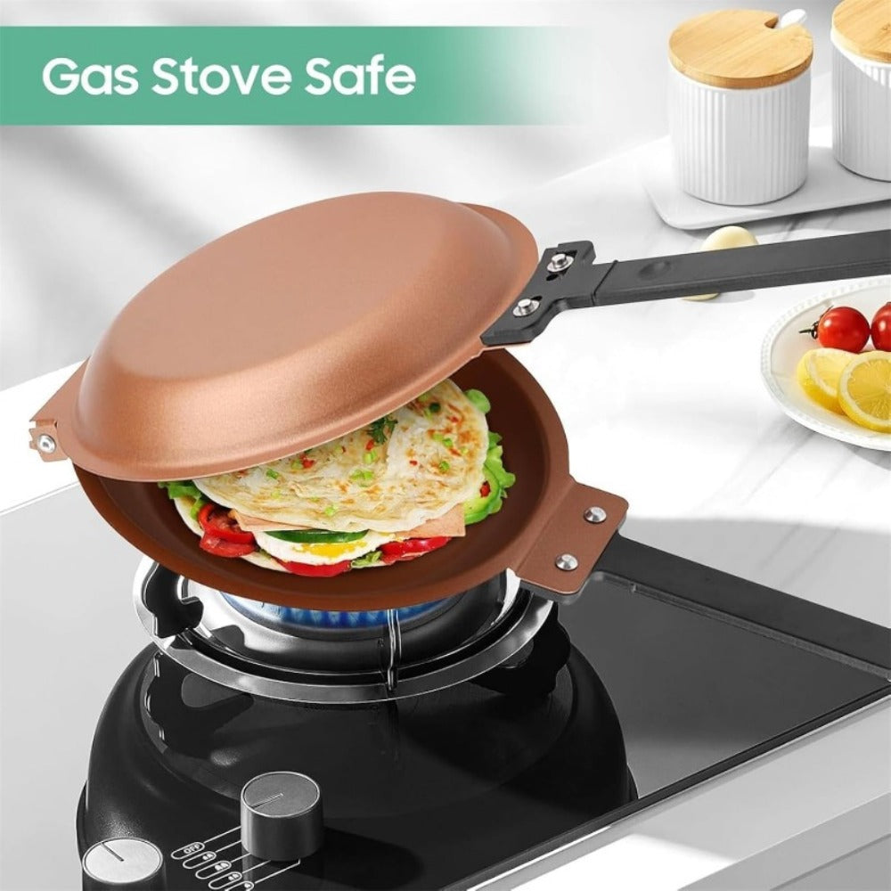 Pancake Pan Double Sided Non-Stick Reversible Folding Breakfast Frying Pan Pancake Maker for Fluffy Pancakes Omelette Frittata Dishwasher Safe Plastic Handle Pink Gold Green