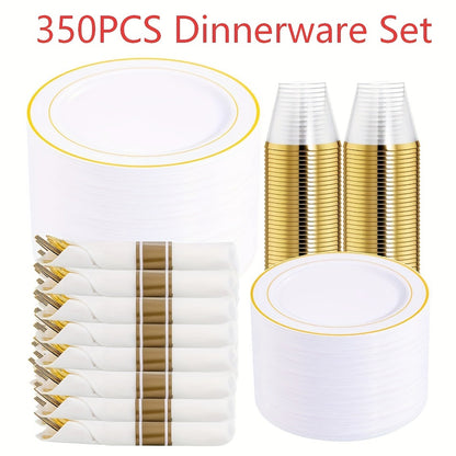 Gold Plastic Plates Disposable Dinnerware Set 350pcs – 50 Dinner Plates, 50 Dessert Plates, 50 Gold Rim 9oz Cups & 50 Gold Cutlery Sets | Elegant Party Tableware for Wedding, Birthday & Holiday Events