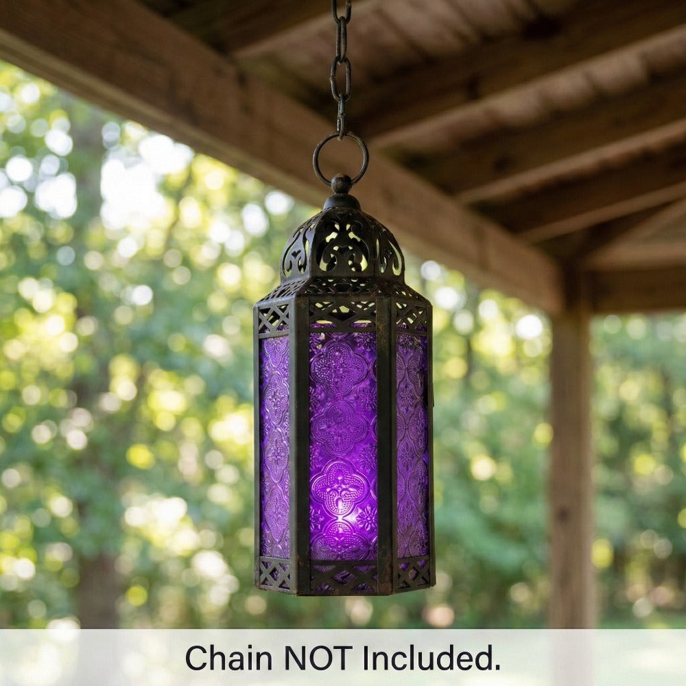 Moroccan Candle Lantern Holder - Decorative Metal & Glass Lantern with Embossed Floral Design for Indoor Home Decor, Garden, Patio, Weddings, Ramadan, Halloween & Holiday Celebrations - 10.5" Tall Medium Size