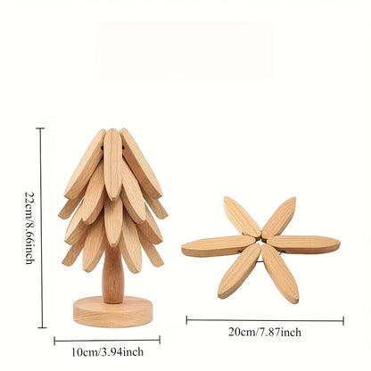 Solid Wood Trivet Mat Set 6pcs with Storage Rack – Heat-Resistant Tree-Shaped Coasters, Natural Foldable Wooden Kitchen Trivets for Hot Dishes, Pots, Bowls & Teapots