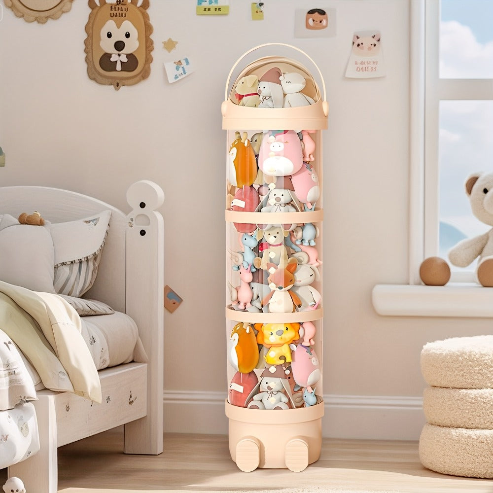Stackable Round Stuffed Animal Storage Box with Lid – 3-Tier Plastic Plush Toy Organizer with Layered Storage for Dolls Toys & Miscellaneous Items – Kids Room Decor