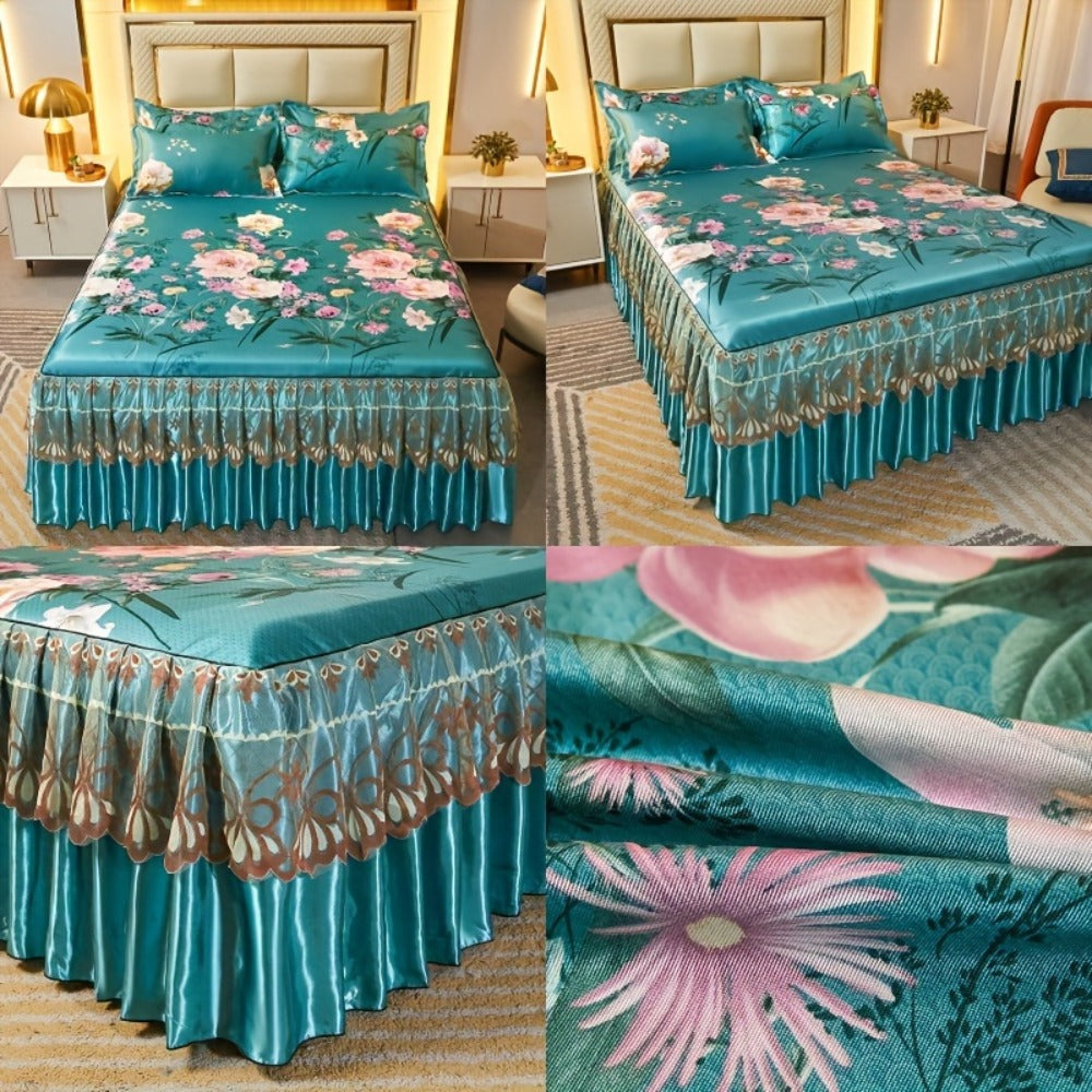 Floral Ruffle Bed Skirt Cool Mat 3 Piece Set with Pillowcase, Double Layer 360° Full Wrap Washable Cooling Mattress Cover, Breathable Summer Bedding Set for Twin Full Queen King, Parisian Romantic Floral
