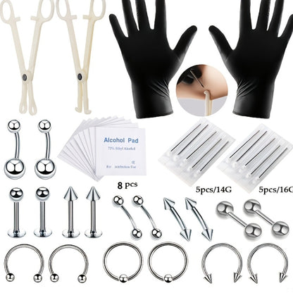 Piercing Kit Stainless Steel Random Set – Nose Bone Ear Tragus Lip Belly Button Eyebrow Piercing Needle Tools with Stainless Steel Jewelry, Trendy Body Piercing Accessories for Men and Women