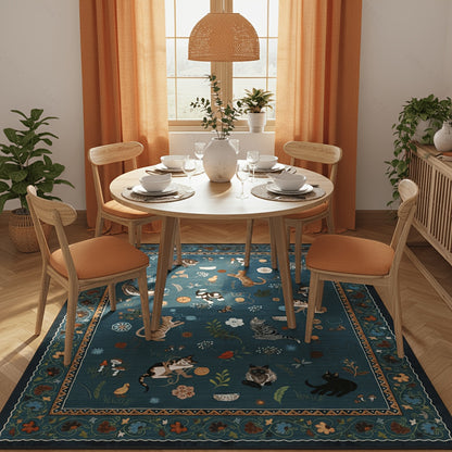 Boho Cat Floral Area Rug – Vintage Blue Animal Print Low Pile Carpet, Non-Slip Soft Rug for Living Room, Bedroom & Dining Room, Round & Runner Sizes, Easy Clean