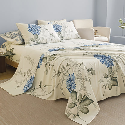 Floral Bedding Set 4-Piece – 1 Fitted Sheet + 1 Flat Sheet + 2 Pillowcases | Soft Breathable Polyester | All-Season Flower Print Bed Sheet Set | Machine Washable | Twin Full Queen King