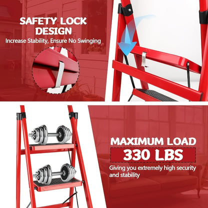 Folding Step Ladder with Anti-Slip Pedals & Handrail – 2/3/4/5 Step Stool for Adults, Sturdy Steel, Lightweight Portable, Non-Slip Feet, Rust-Resistant, Foldable for Home Kitchen Office Bedroom Use