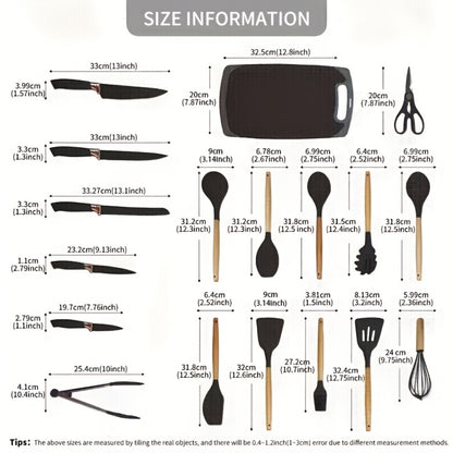 19-Piece Non-Stick Silicone Cookware Set with Bamboo Storage, Knives & Wooden Handle – Pots, Pans & Utensils for Induction & Oven