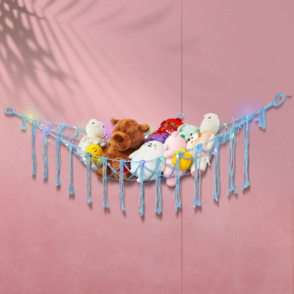Stuffed Animal Storage Hammock with Lights Corner Hanging Toy Net Organizer for Nursery Bedroom Kids Room Decor Plush Toy Holder Christmas Halloween Easter Gift