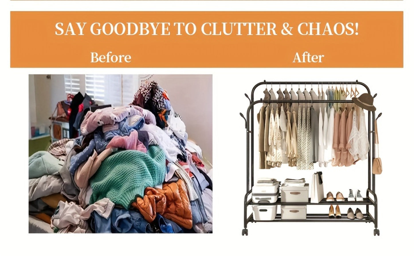 Double Rod Clothes Rack with Wheels Metal Heavy Duty Garment Rack with Shelves and Hooks Portable Closet Organizer for Bedroom Living Room Gold