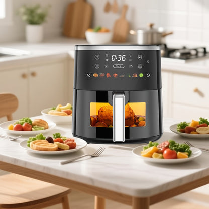 Air Fryer 6QT with 8 Preset Functions, Visible Window, Adjustable Temperature & Timer – Large Capacity Oil-Free Cooker for Crispy Fries, Chicken, Vegetables & More, Easy to Clean Home Kitchen