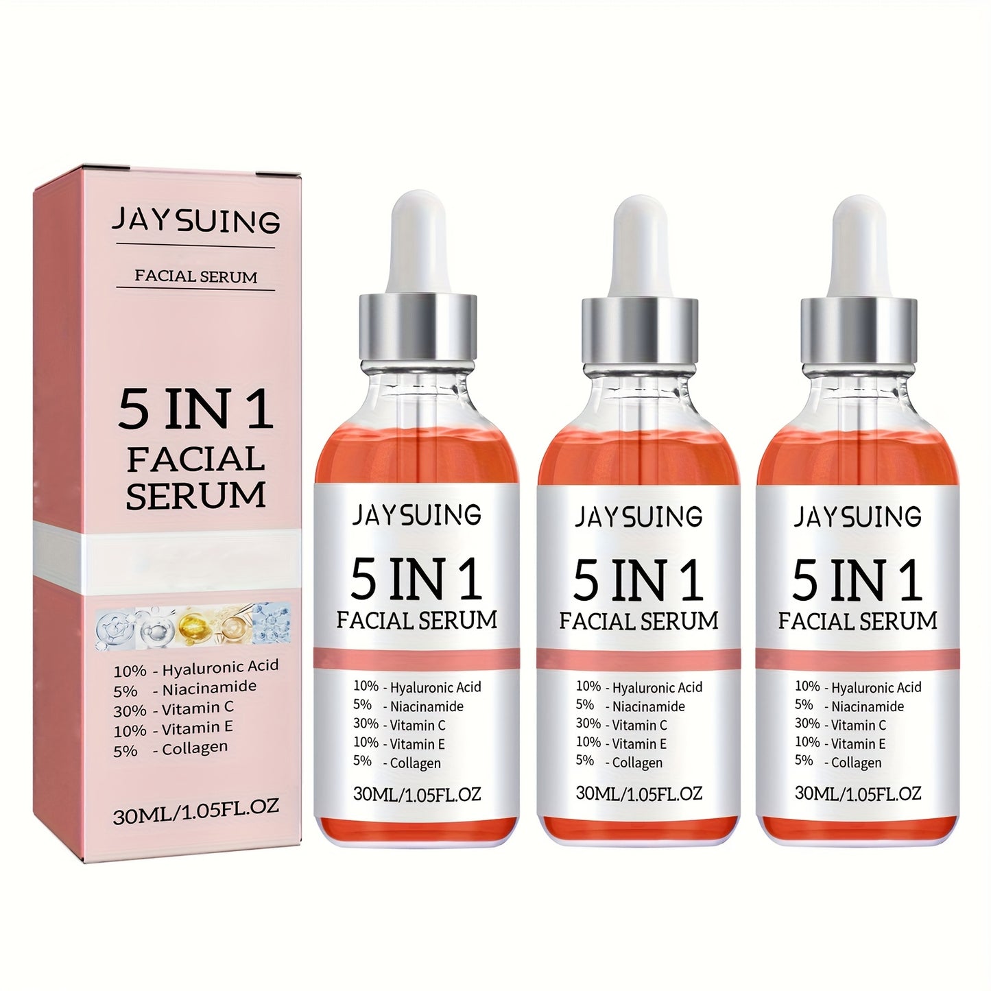 Facial Serum 5-in-1 with Hyaluronic Acid & Vitamin C – 3 Pack 30ml, Hydrating Anti-Aging Skin Care Serum for All Skin Types, Alcohol-Free, Non-Irritating, Unisex