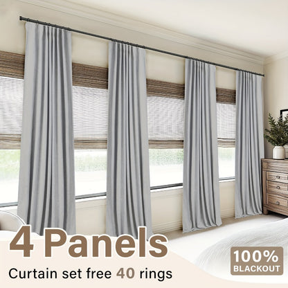 100% Blackout Curtains 4 Panels Faux Linen Textured Thermal Insulated Drapes - Room Darkening Window Curtains for Living Room Bedroom, Clip Rings & Rod Pocket, Energy Efficient Home Decor 50W x 84-120L