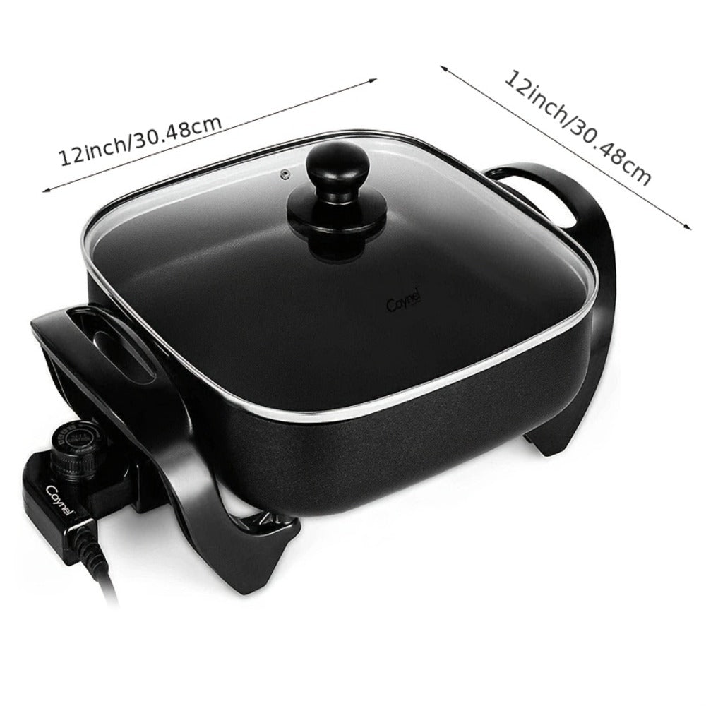 Electric Skillet 12x12 Inch Nonstick Ceramic with Glass Lid 1400W Adjustable Temperature up to 420°F – Aluminum Body Electric Frying Pan for Fry Bake Steam Simmer, Black & Copper