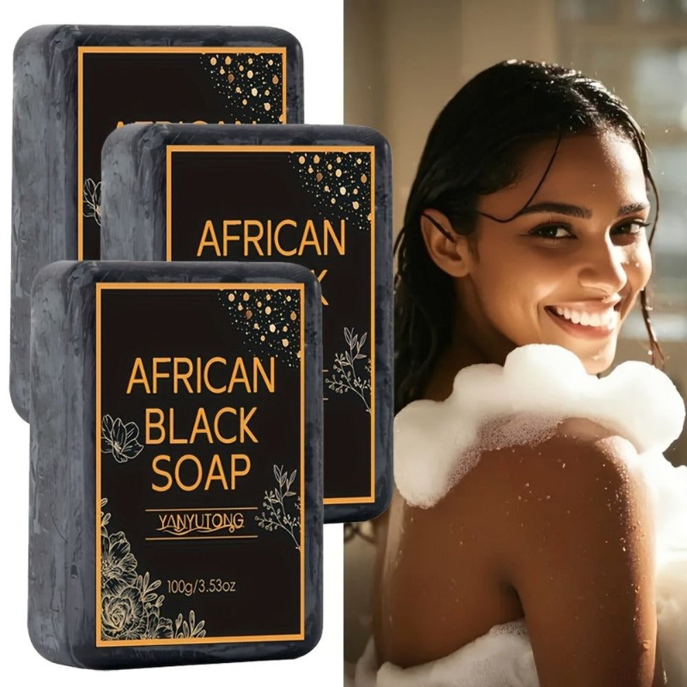 African Black Soap Bars – Moisturizing Body & Face Cleanser with Coconut Oil, Olive Oil & Shea Butter | Rich Foam Plant Extract Skin Care Soap for Daily Use