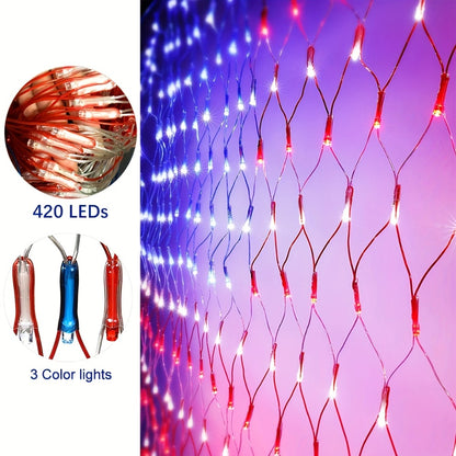 American Flag LED Net Light 420 LEDs – Patriotic String Lights for 4th of July, Memorial Day, Independence Day, Christmas & New Year, Indoor Outdoor Garden Yard Decor, Plug-In 6.6x3.3ft