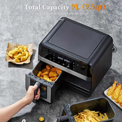 Dual Basket Air Fryer 9.5Qt – 2x4.75Qt Independent Zones, Smart Finish Match Cook, 2400W, 8 Presets, Air Fry Roast Bake Grill, Energy Saving Family-Size Double Basket Air Fryer