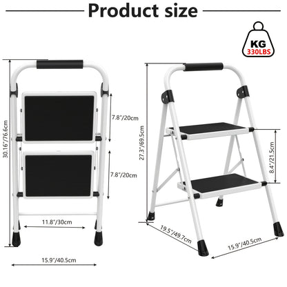 Heavy Duty Folding Steel Step Stool with Storage Shelf & Wide Anti-Slip Pedal, 800 lbs Capacity, 2/4-Step Sturdy Portable Step Ladder for Home, Garage & Workshop, Black, Grey & White