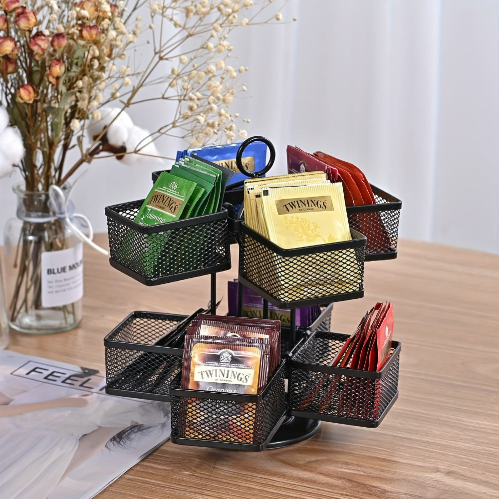 Tea Bag Organizer 360-Degree Spinning Carousel with 8 Compartments – Lazy Susan Tea Bag Holder Display Rack for Kitchen Counter Coffee Bar Home Office – Black