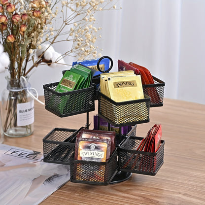 Tea Bag Organizer 360-Degree Spinning Carousel with 8 Compartments – Lazy Susan Tea Bag Holder Display Rack for Kitchen Counter Coffee Bar Home Office – Black