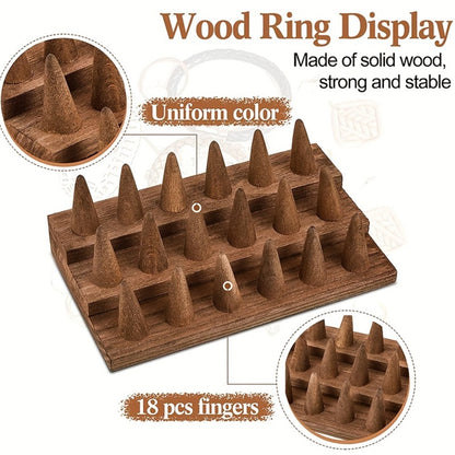Solid Wood Ring Display Stand – 2-Tier 12-Ring & 3-Tier 18-Ring Jewelry Tower Holder for Rings, Earrings & Accessories, Countertop Organizer for Bedroom Dresser, Vanity & Jewelry Store Display