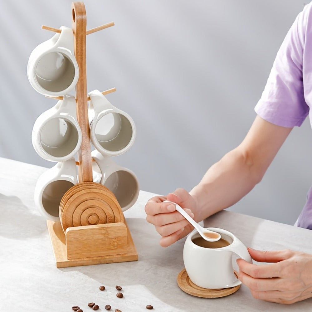 Ceramic Coffee Cup Set of 6 with Wooden Coasters & Cup Holder | 200ml Latte Cappuccino Espresso Tea Mugs | Home Office Café Gift Set