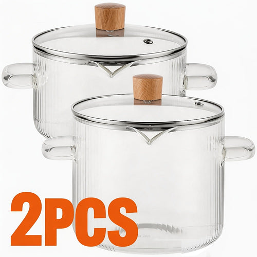 Glass Saucepan Set 2-Pack Stovetop Safe Borosilicate Ribbed Pots with Lids – 78oz & 54oz Heat Resistant Cookware for Soup, Ramen, Milk | Transparent Glass Pot Kitchen Cooking Set with Baking Mat