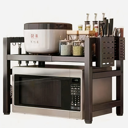 Kitchen Storage Rack Metal Extendable Shelves Microwave Stand Counter Organizer for Spices Bowls Cups Cookware Space Saving Shelf Black