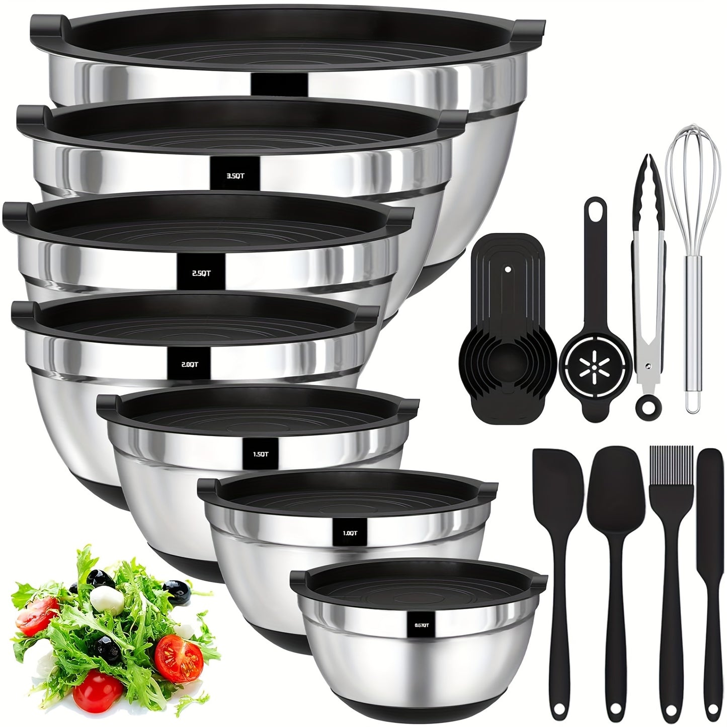 Stainless Steel Mixing Bowls with Airtight Lids 20-Piece Set – Non-Slip Silicone Bottom, Nesting Bowls in 7 Sizes (0.67–7 QT) for Mixing, Baking & Serving – Kitchen Bowl Set with Lids