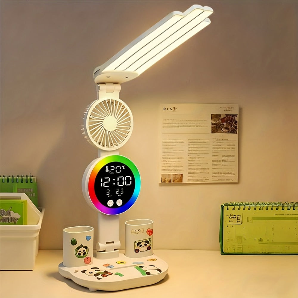 LED Desk Lamp with Built-in Fan & Touch Control | Dual Head Adjustable | USB Charging | 3 Color Modes Dimmable | Smart Display Clock | Eye-Caring Reading Lamp for Home Office Dorm Study