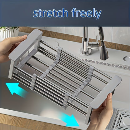 Dish Drying Rack Stainless Steel Adjustable – Expandable Over Sink Dish Rack with Retractable Width & Height for Kitchen Countertop, Space-Saving 304 Stainless Steel Drainer, Easy to Clean