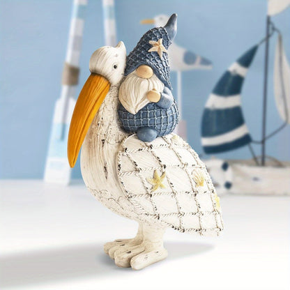 Pelican Gnome Figurine 11.5" – Resin Coastal Beach Decor with Starfish & Seashell, Tabletop Statue for Home, Garden & Poolside – Summer Gift & Nautical Decor
