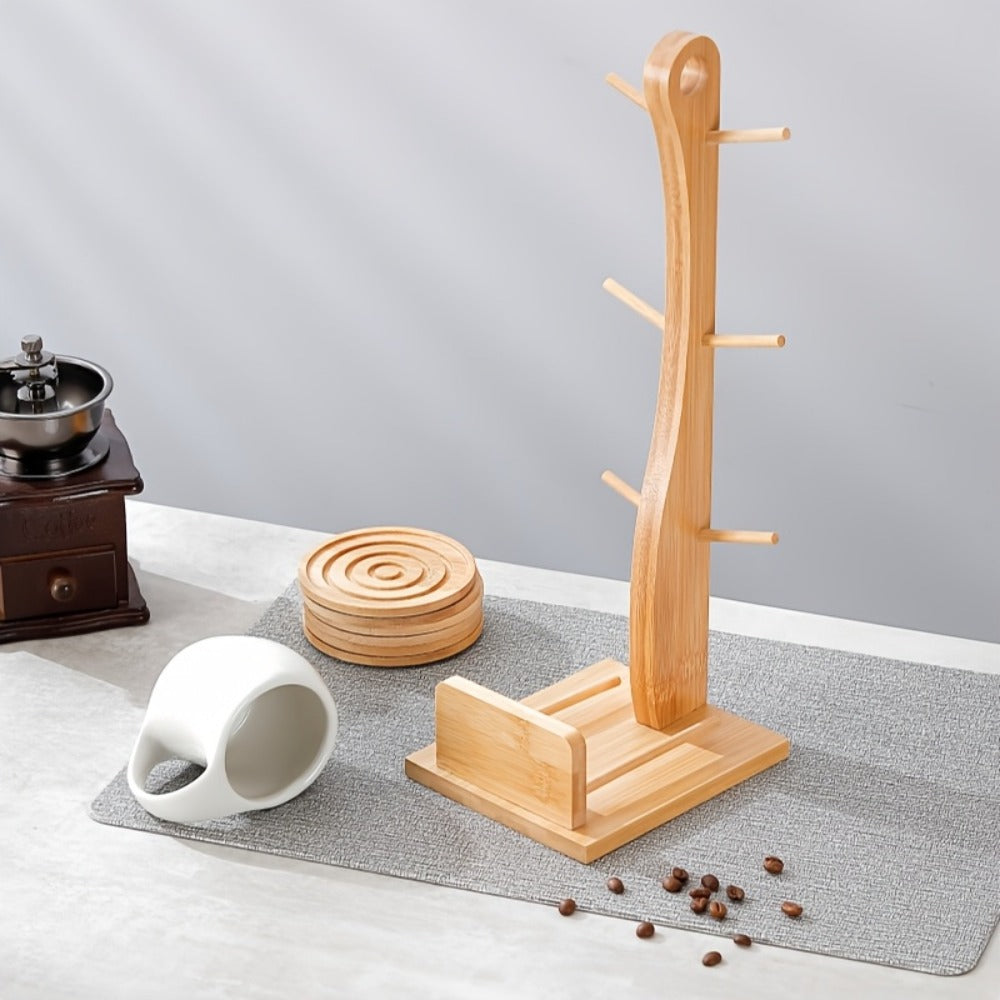 Ceramic Coffee Cup Set of 6 with Wooden Coasters & Cup Holder | 200ml Latte Cappuccino Espresso Tea Mugs | Home Office Café Gift Set