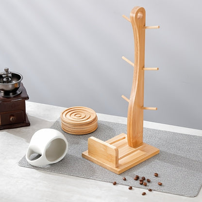 Ceramic Coffee Cup Set of 6 with Wooden Coasters & Cup Holder | 200ml Latte Cappuccino Espresso Tea Mugs | Home Office Café Gift Set