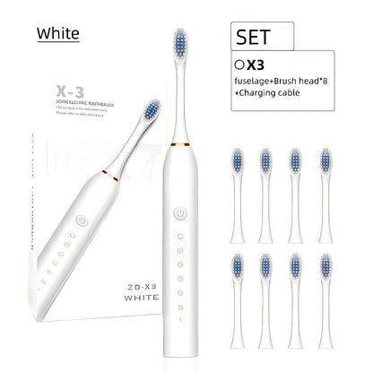 Rechargeable Electric Toothbrush 6 Cleaning Modes with 8 Brush Heads - USB Charge, Soft Bristles, Portable for Travel & Home Use, Oral Care Toothbrush for Men & Women - Black / White / Pink